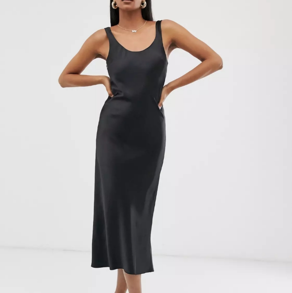 NWOT black silky midi dress from ASOS, sz 10